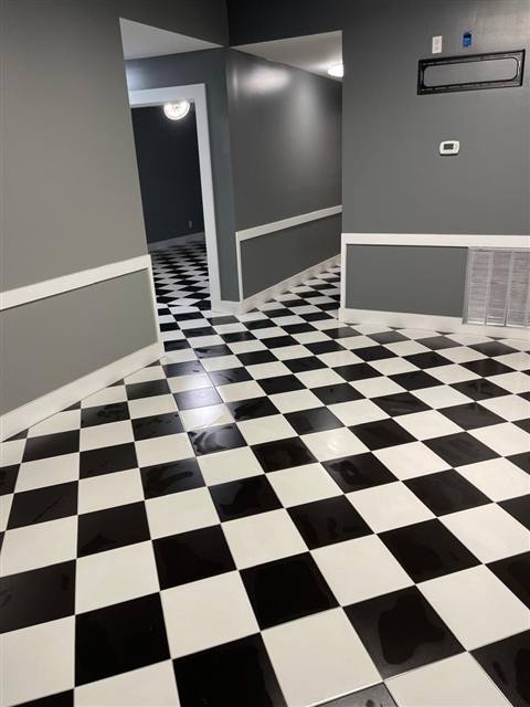 Black and white checkerboard tile floor